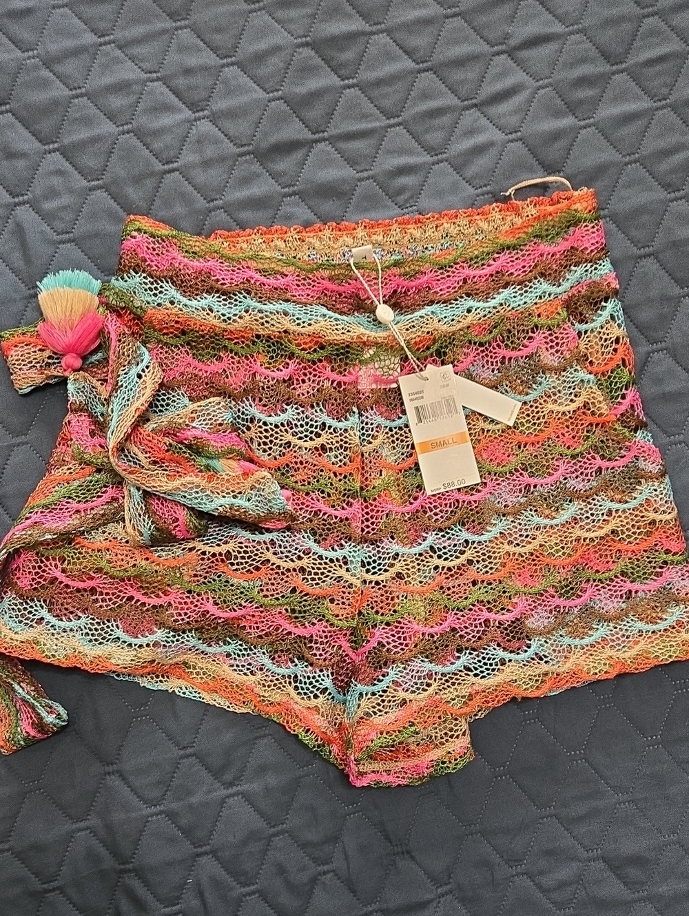 Trina Turk Multicolor Openwork Crochet Top — Pink, Blue, Green, Brown